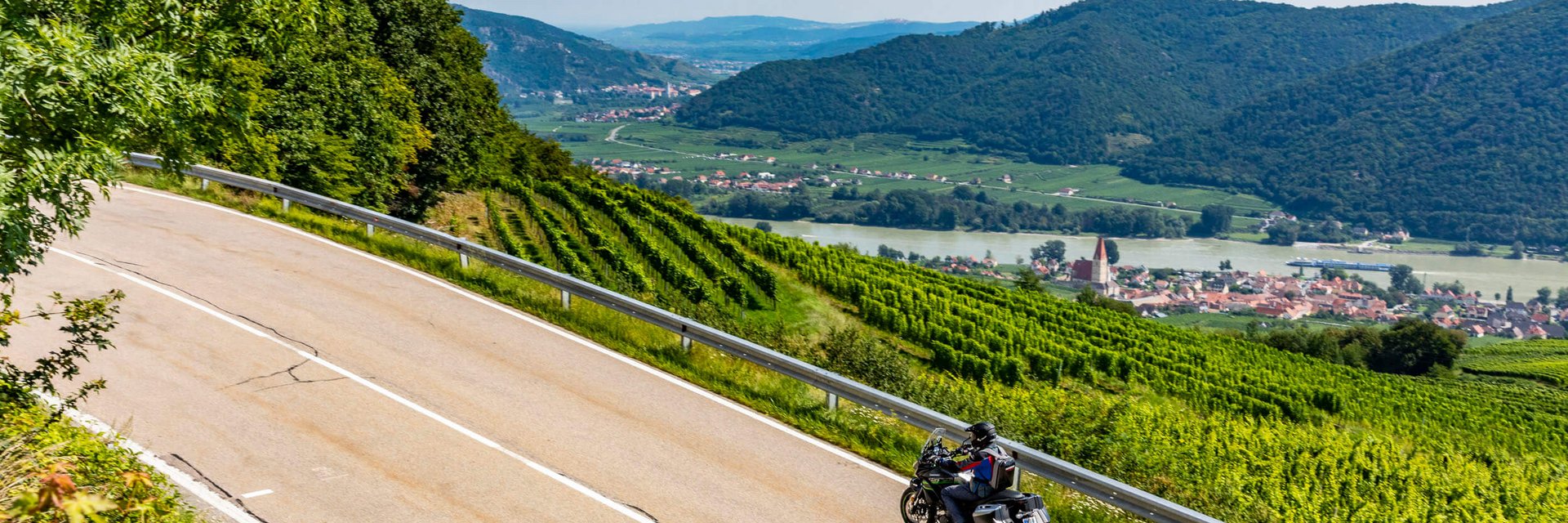 Motorradfahrer auf kurviger Landstraße mit Weinbergen und Fluss im Hintergrund