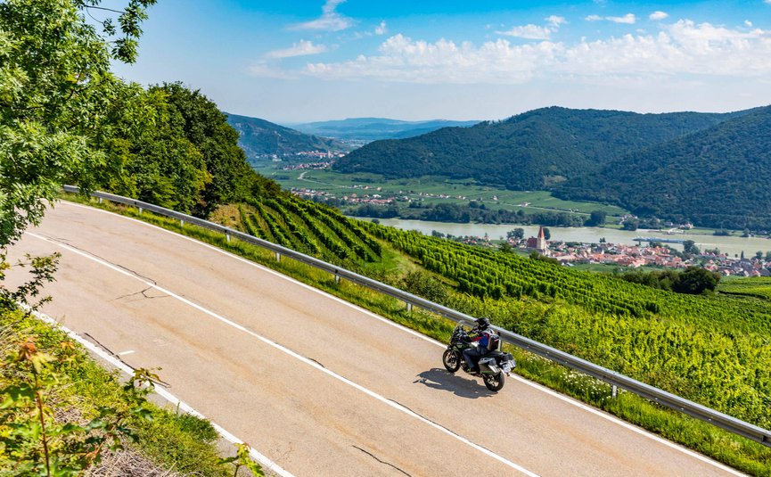 Motorradurlaub im Waldviertel © Alexander Seger Motorradfahrer auf kurviger Landstraße mit Weinbergen und Fluss im Hintergrund