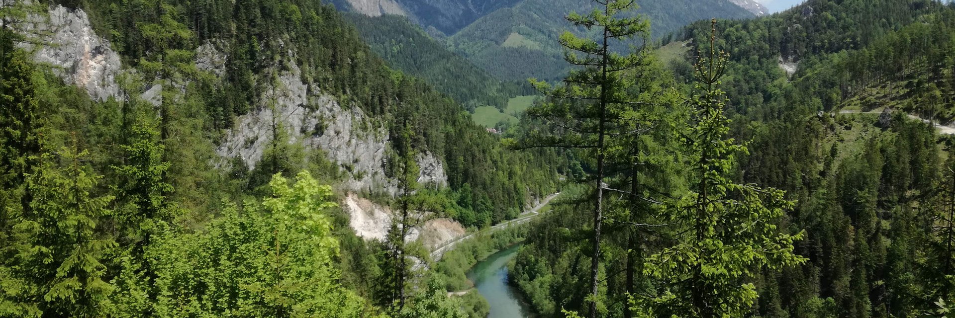 Blick auf bewaldete Berge und einen Fluss unter blauem Himmel mit Wolken