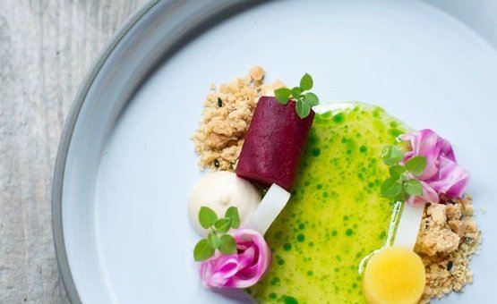Kulinarische Reise durchs Wald- und Mühlviertel Kunstvoll angerichteter Gourmetteller mit bunten Zutaten und grüner Sauce
