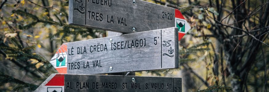 Gravel-Wochenende in San Vigilio © Jens Scheibe Holzwegweiser in einem bewaldeten Gebiet mit Wanderzeiten zu verschiedenen Zielen