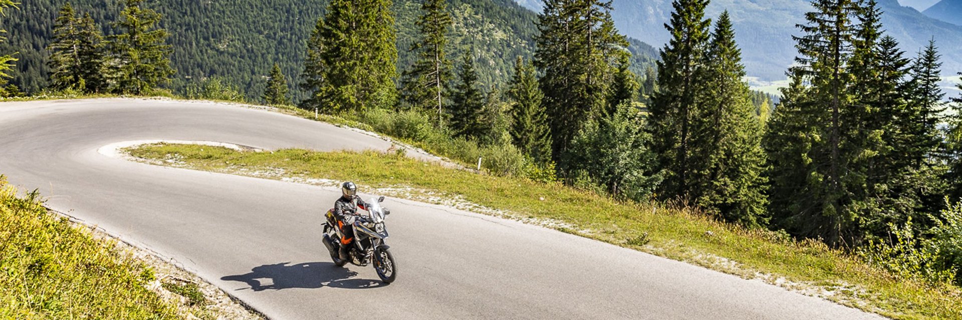 Motorradfahrer auf kurviger Bergstraße mit Tannen und Bergen im Hintergrund