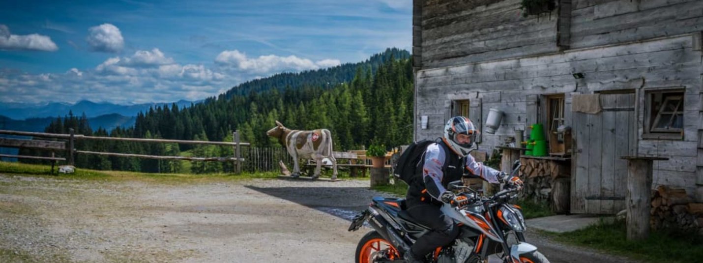 4 Tage "Berg und Alm" Motorradfahrer vor einer Berghütte mit Kuh und Wald im Hintergrund