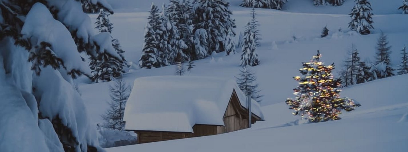 Schneebedeckte Hütte und bewaldeter Hang mit beleuchtetem Weihnachtsbaum