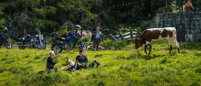 Hotel & Südtiroler Gasthaus Der Gassenwirt *** © Moppetfoto.de Menschen pausieren auf einer Wiese neben Motorrädern und Kühen im Wald