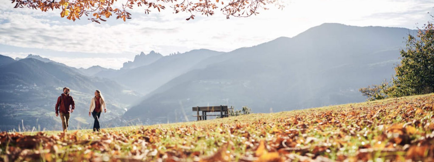 5=4 Goldene Herbsttage – eine Nacht geschenkt Zwei Personen wandern im Herbst auf einer Wiese mit Bergen im Hintergrund