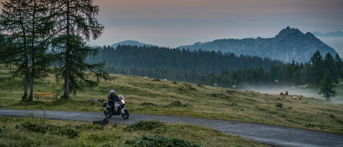 Motorradfahrer unterwegs auf Bergstraße im Nebel bei Sonnenuntergang