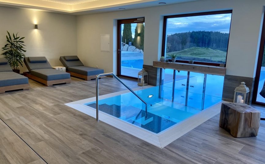 Hot Deal 5= 4 Moderner Wellnessbereich mit kleinem Pool und Liegestühlen, Blick auf Wald