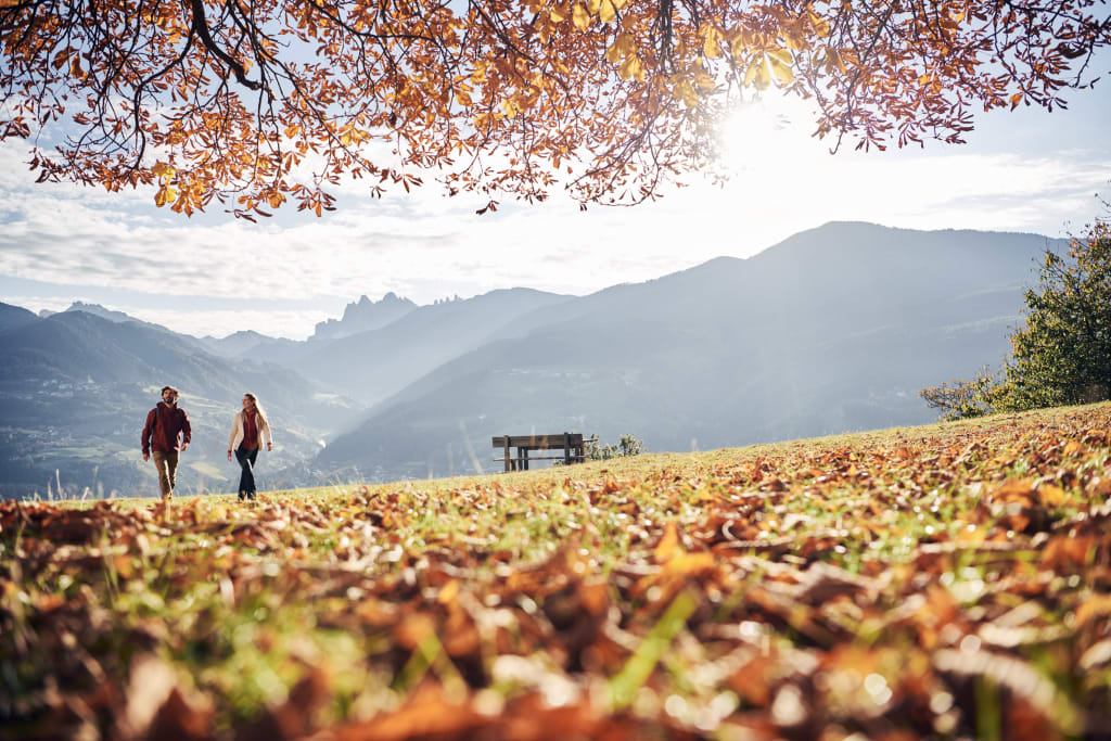 Zwei Personen wandern im Herbst auf einer Wiese mit Bergen im Hintergrund