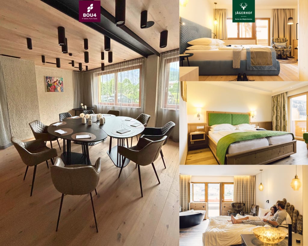BOU4 x Jägerhof - Taste & Stay Innenräume mit modernen Sitz- und Schlafbereichen in Hotelzimmern
